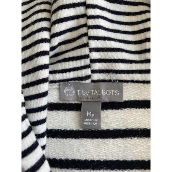 T by Talbots Black/White Stripe 3/4 Sleeve Zip Up Jacket Top w/Hood Size MP - Picture 5 of 7